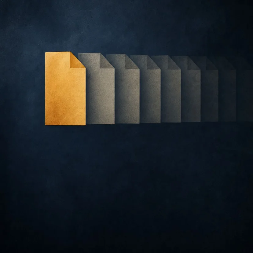 Conceptual illustration of identical document silhouettes echoing across a dark backdrop