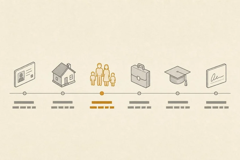 Editorial flat illustration of a horizontal field-category timeline with six buckets across an IMM application file, parchment background with ochre accent on one bucket