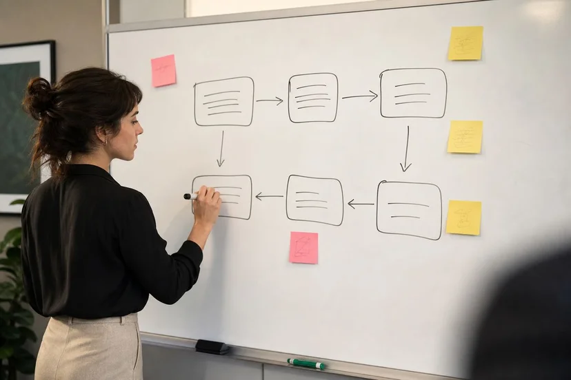 Modern office whiteboard with hand-drawn intake workflow diagram and post-it notes — visual cue for the sworn-statement intake protocol