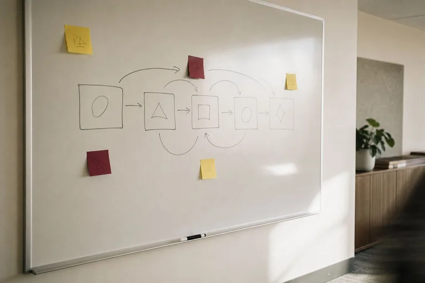 Office whiteboard with a hand-drawn channel-to-file workflow diagram, post-its, no legible text
