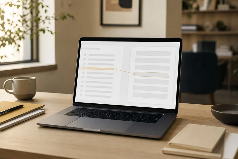 Photorealistic MacBook on a minimalist desk showing an abstract two-pane autofill interface with a single ochre highlight bridging a source field and a form field