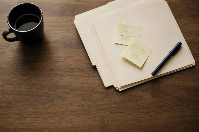 Overhead flat-lay of file folders, sticky notes, and a felt-tip pen on a warm wood desk