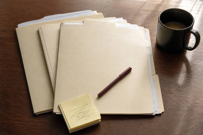 Overhead flat-lay of paper file folders and sticky notes on a warm wood desk, anonymized, soft morning light