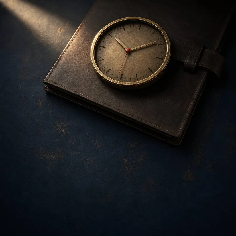 Conceptual editorial illustration of an antique brass clock face with a single IRCC red second hand against a painterly navy backdrop