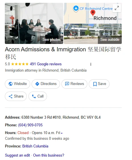 Google Business Profile Example - Acorn Immigration from Richmond, BC