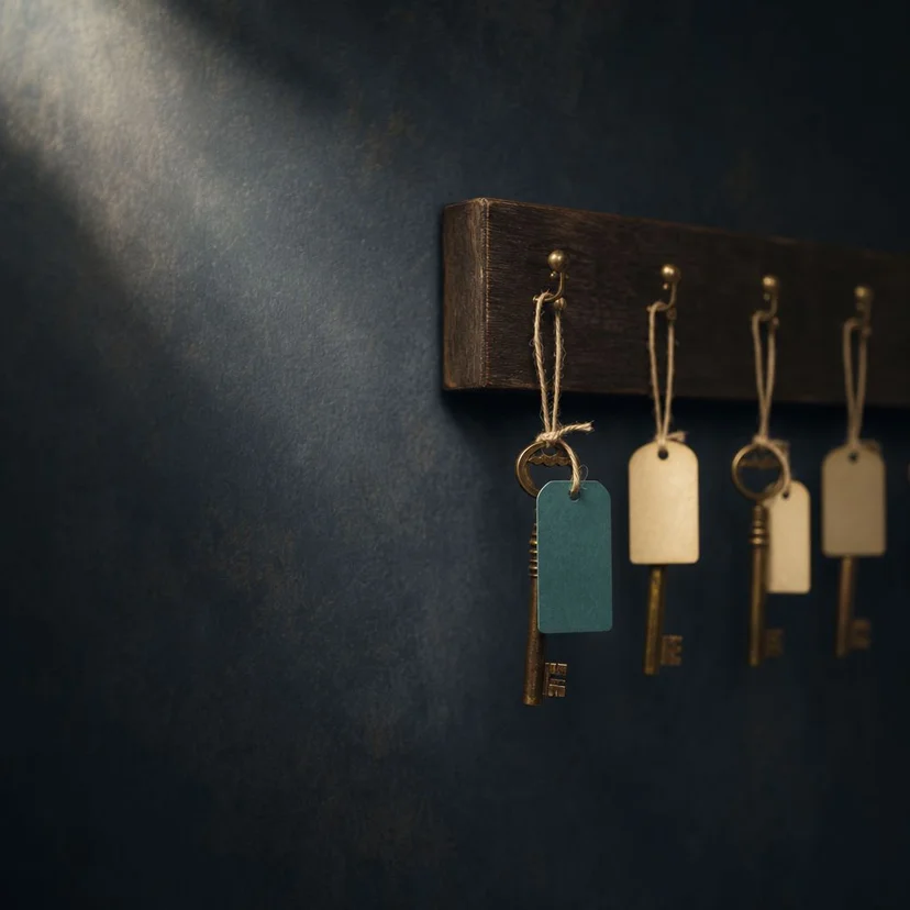 Conceptual editorial illustration of brass keys hanging on a wall board, single dusty-teal accent on one tagged key, deep navy backdrop