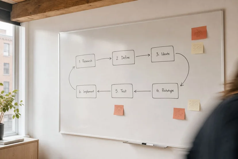 Modern office whiteboard with hand-drawn workflow boxes connected by arrows and post-its, slight angle, terracotta accent