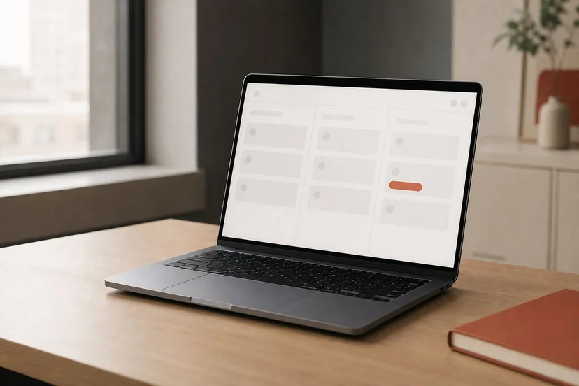 Photorealistic MacBook on a minimalist desk showing an abstract kanban-style case management dashboard, terracotta accent