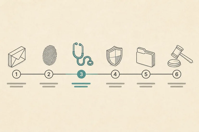 Editorial illustration of a horizontal IRCC status timeline with six checkpoints, dusty teal accent on the third checkpoint
