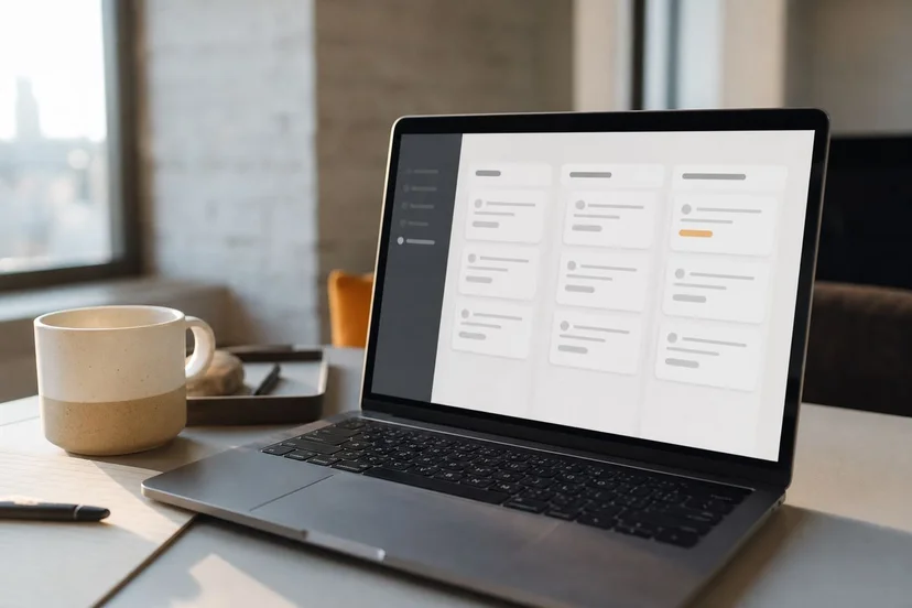 Photorealistic MacBook on a minimalist desk showing a clean kanban-style dashboard with placeholder cards