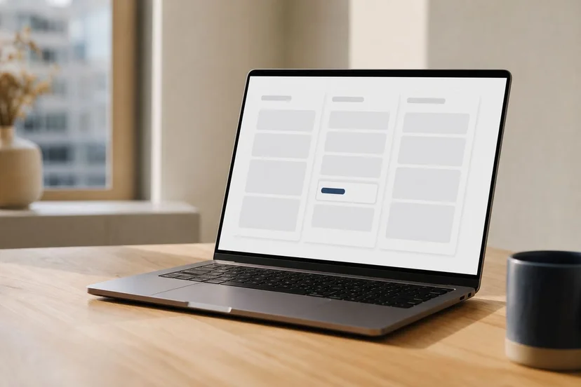 Photorealistic MacBook on a minimalist desk showing an abstract kanban-style case management dashboard, slate navy accent