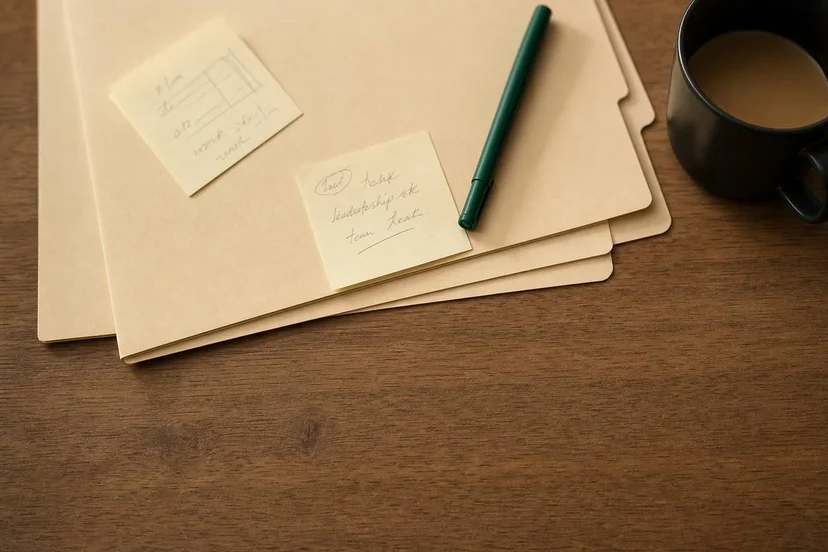 Overhead flat-lay of file folders, sticky notes, and a felt-tip pen on a warm wood desk