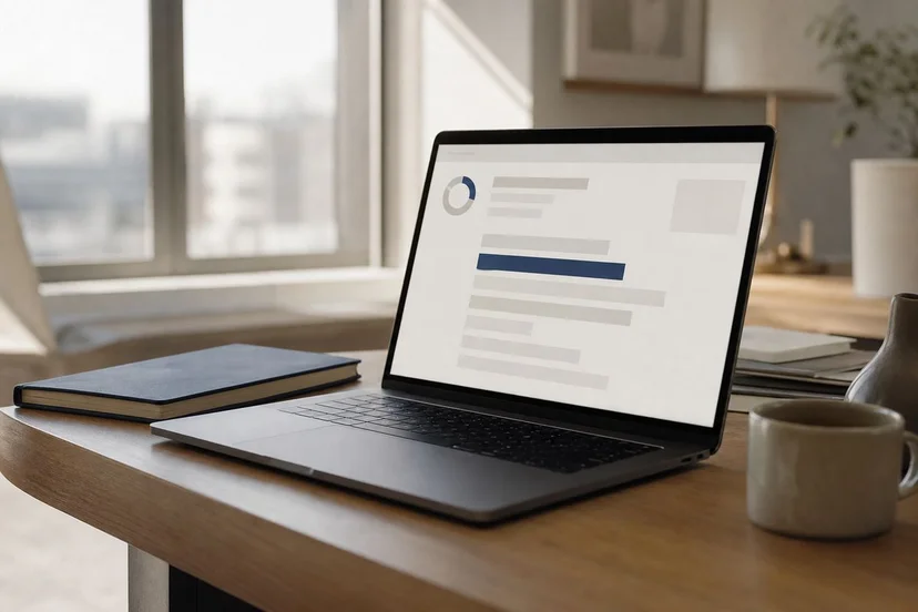 Photorealistic MacBook on a minimalist desk displaying an abstract activity-tracking dashboard