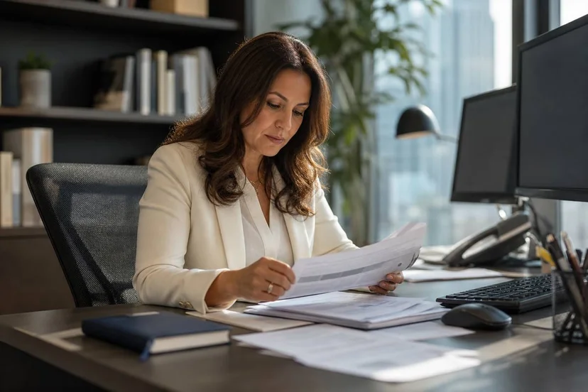 Canadian immigration consultant at a modern desk reviewing IMM forms in late afternoon light