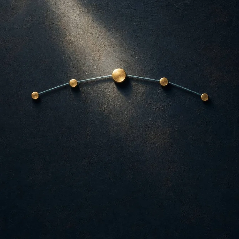 Conceptual editorial illustration of a chain of brass nodes connected by a single dusty teal thread on a painterly navy backdrop
