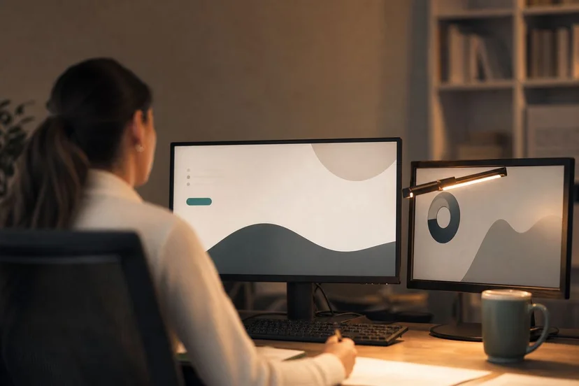 Single Canadian immigration consultant at a two-monitor desk in a late-evening home office with a single warm lamp, dusty teal accent