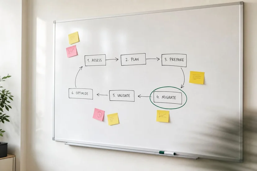 Office whiteboard with a hand-drawn migration plan, boxes connected by arrows, yellow and pink post-its, photographed at a slight angle