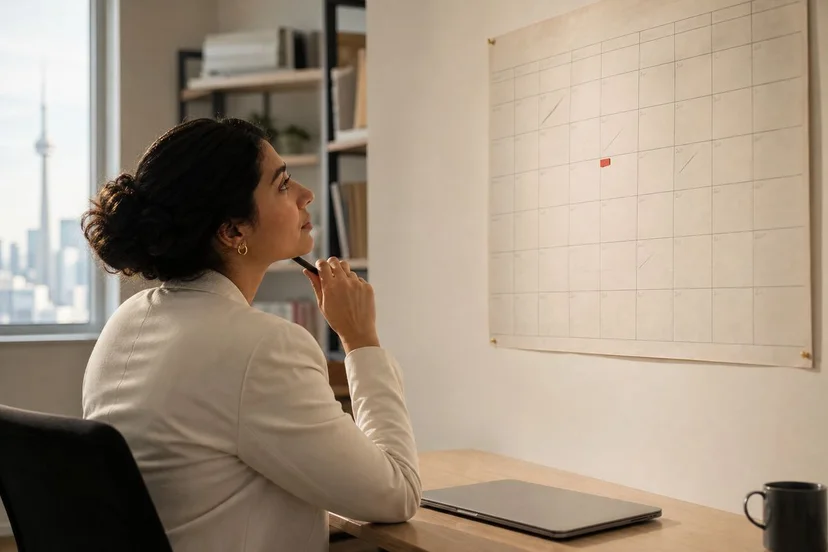 A Canadian immigration consultant at a desk reviewing a paper wall planner, IRCC red accent