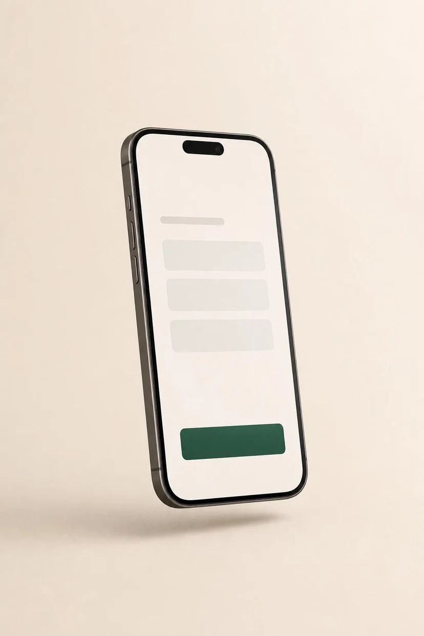 Photorealistic iPhone floating on cream background showing a clean abstract intake form, forest green accent