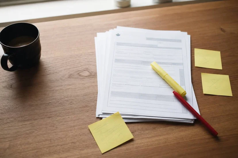 Stack of immigration application paperwork on a wood desk with red pen and yellow sticky notes — visual cue for disclosure traps in IMM forms